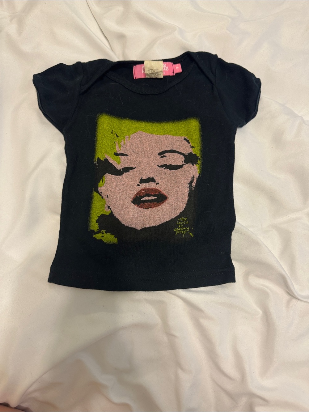 Betsey Johnson Black Tee with Pink Face & Lime Green Background